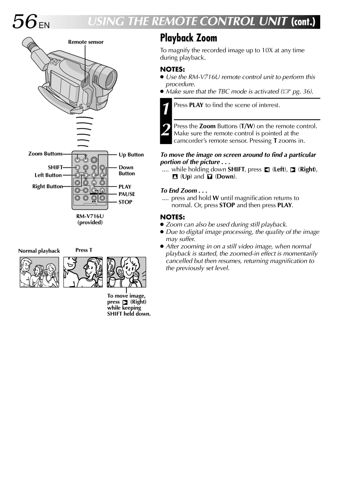 JVC GR-SXM760A specifications 56 EN, Playback Zoom, Press Play to find the scene of interest, To End Zoom 