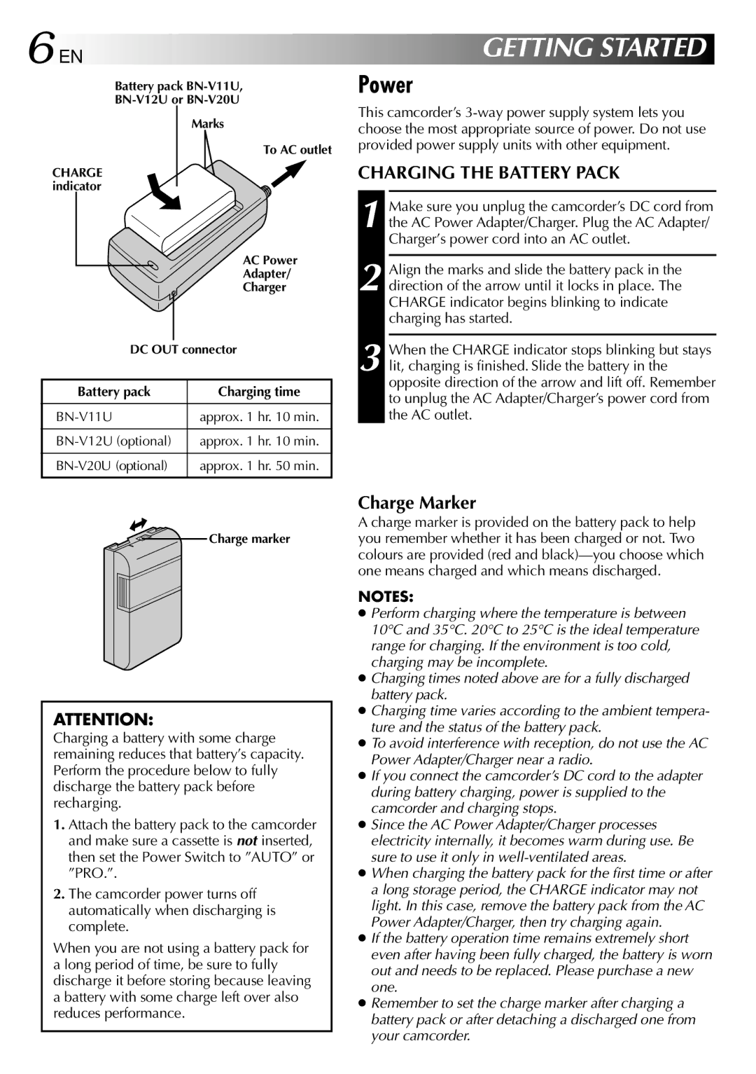 JVC GR-SXM760A specifications Power, Charging the Battery Pack, Charge Marker 