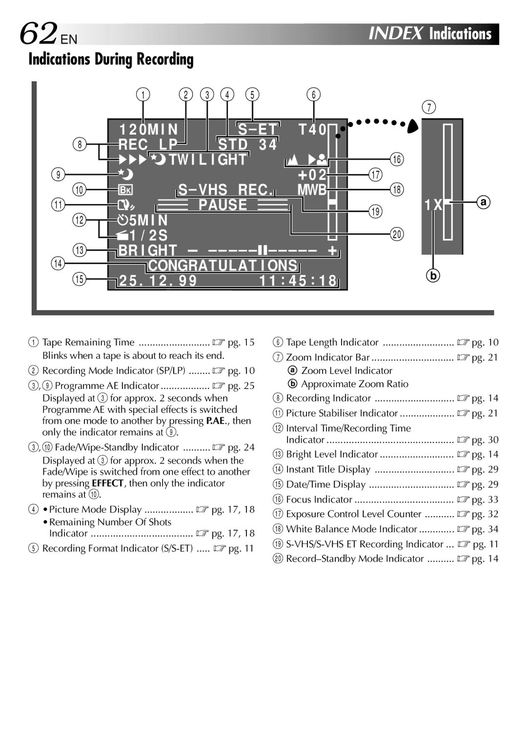 JVC GR-SXM760A specifications 62 EN, Indications During Recording, Picture Stabiliser Indicator ....................  pg 