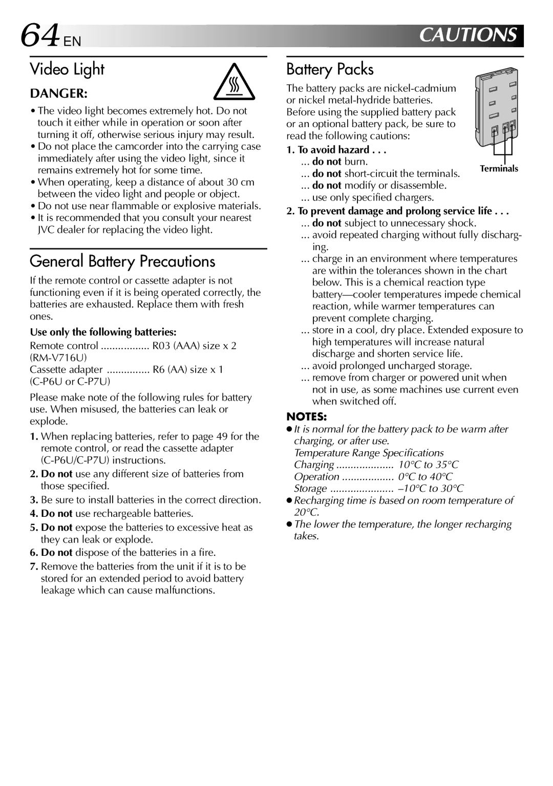 JVC GR-SXM760A 64 EN, Use only the following batteries, To avoid hazard, To prevent damage and prolong service life 