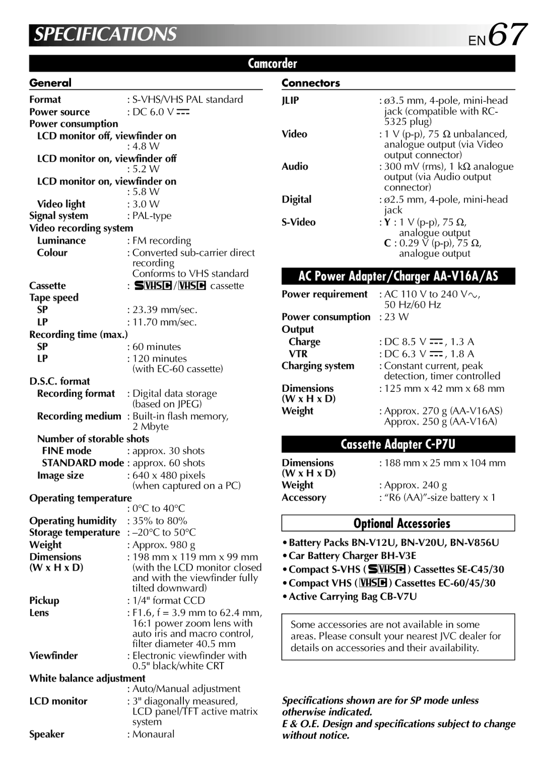 JVC GR-SXM760A specifications Optional Accessories 