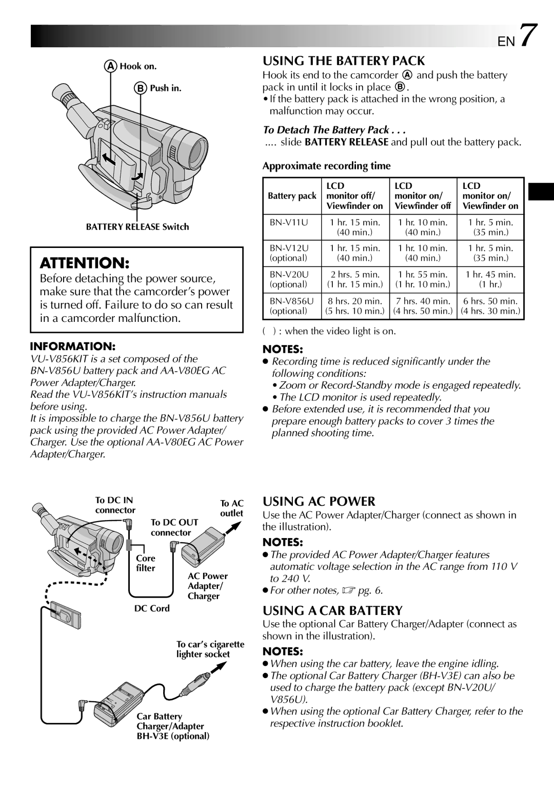 JVC GR-SXM760A specifications Using the Battery Pack, Using AC Power, Using a CAR Battery, To Detach The Battery Pack 