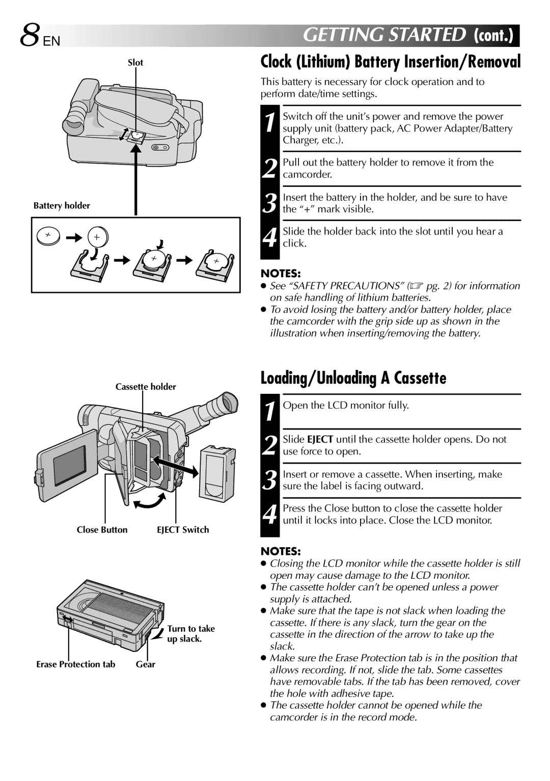 JVC GR-SXM760A Loading/Unloading a Cassette, Clock Lithium Battery Insertion/Removal, Open the LCD monitor fully 