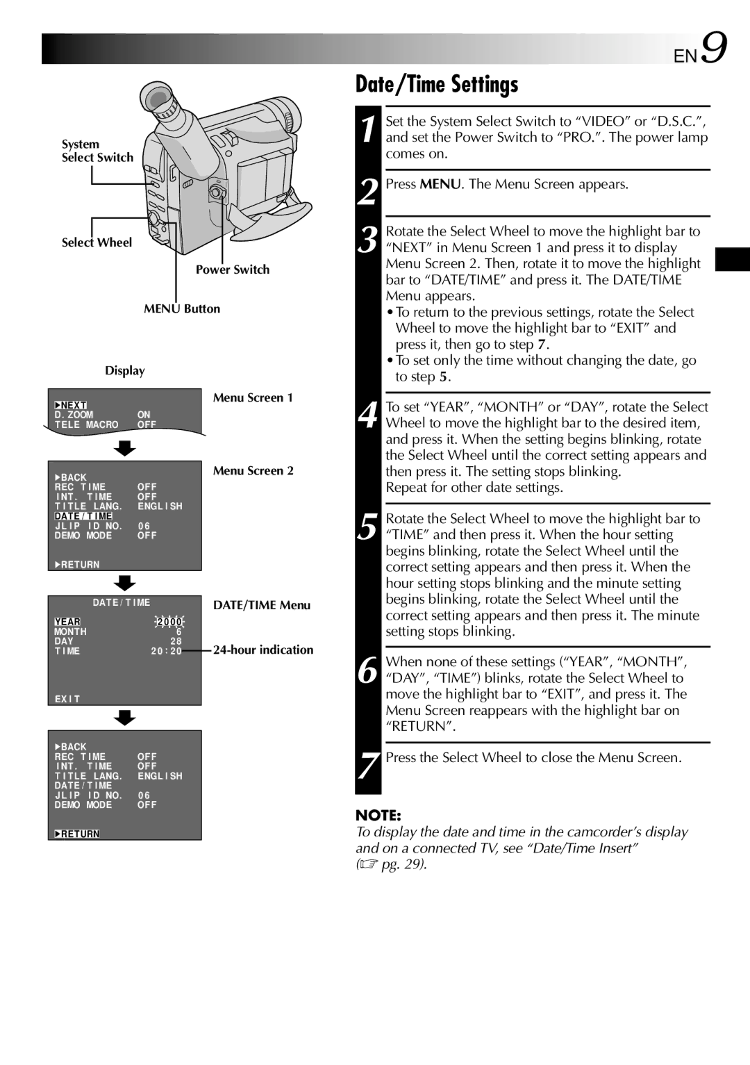 JVC GR-SXM760A specifications Date/Time Settings, Repeat for other date settings 