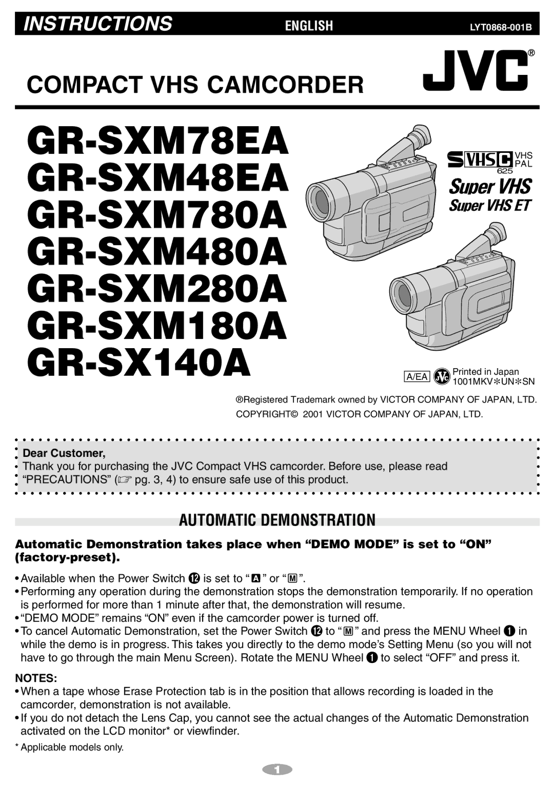 JVC GR-SXM78EA, GR-SXM780A, GR-SXM480A, GR-SX140A, GR-SXM48EA manual Automatic Demonstration, Dear Customer 