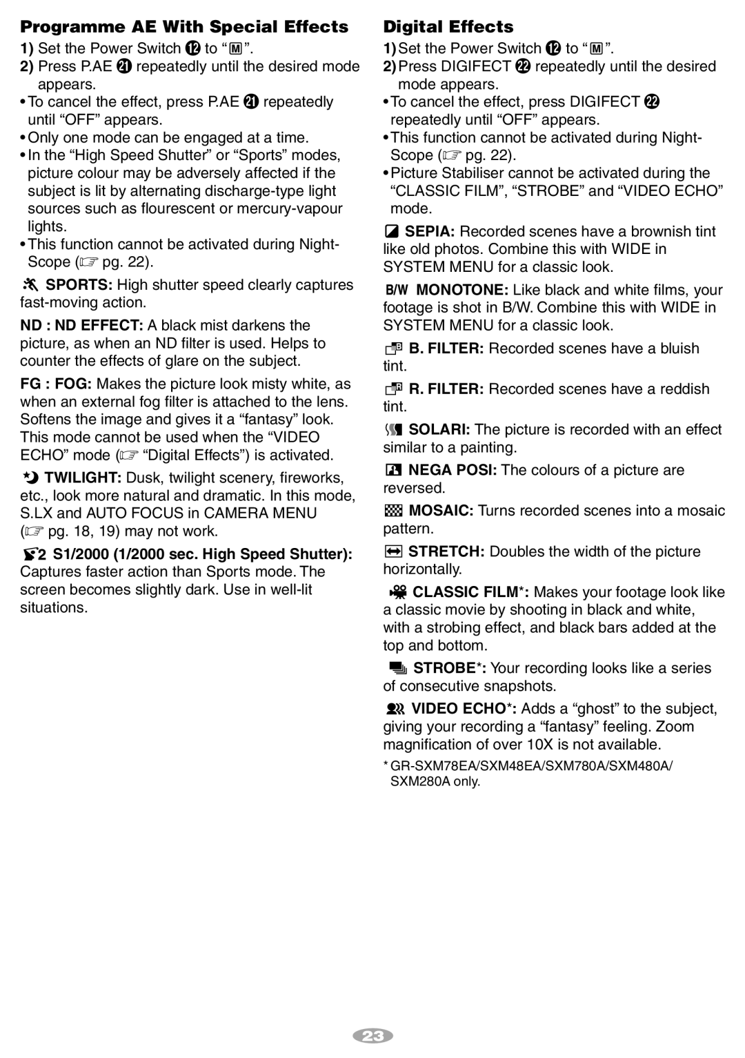 JVC GR-SX140A, GR-SXM780A manual Programme AE With Special Effects, Digital Effects, S1/2000 1/2000 sec. High Speed Shutter 