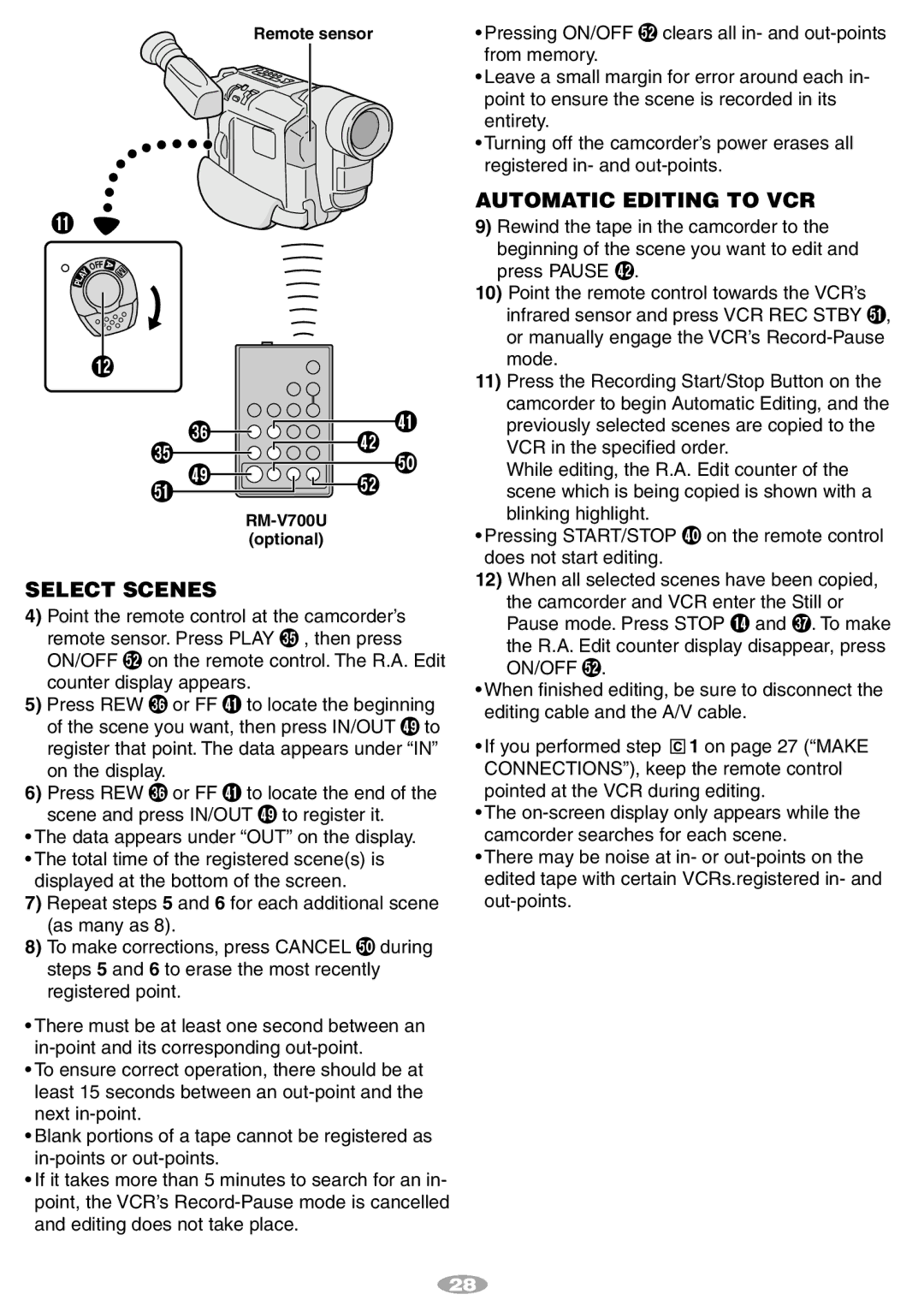 JVC GR-SX140A, GR-SXM780A, GR-SXM78EA, GR-SXM480A, GR-SXM48EA manual Select Cenes, Automatic Editing to VCR 