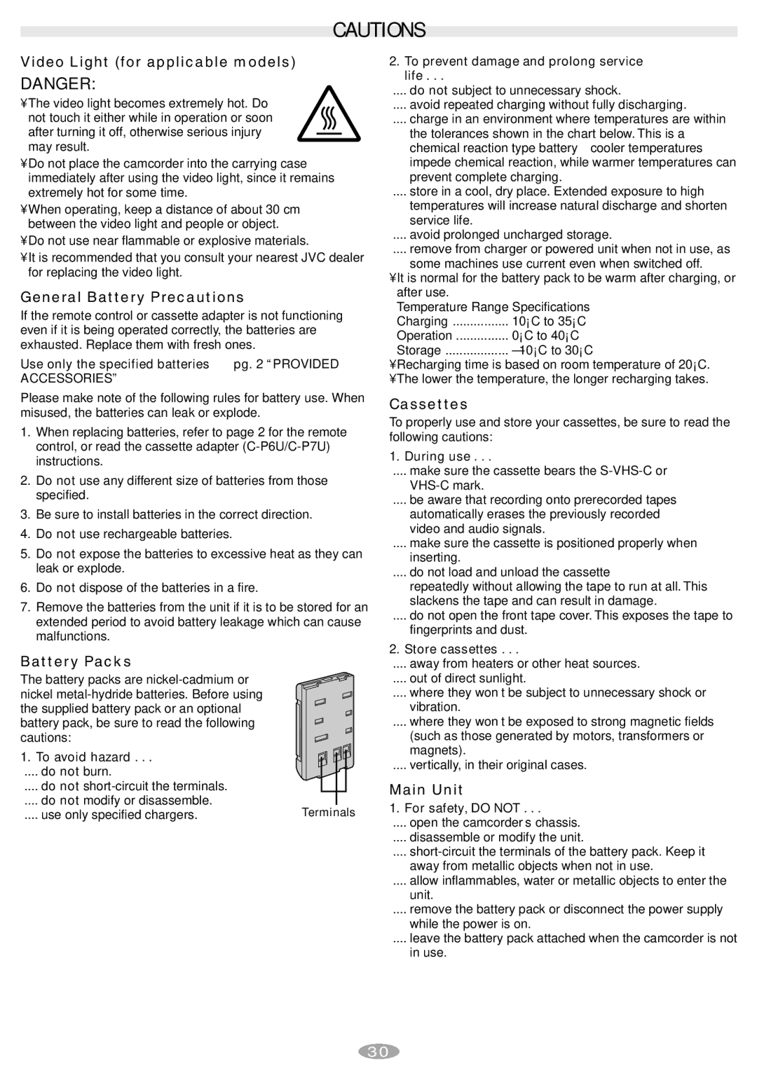 JVC GR-SXM780A manual Video Light for applicable models, General Battery Precautions, Battery Packs, Cassettes, Main Unit 