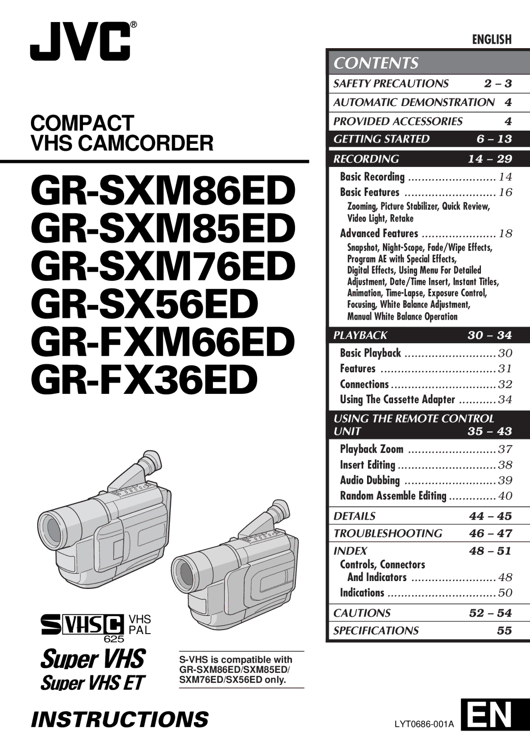 JVC GR-SXM86ED specifications Instructions 