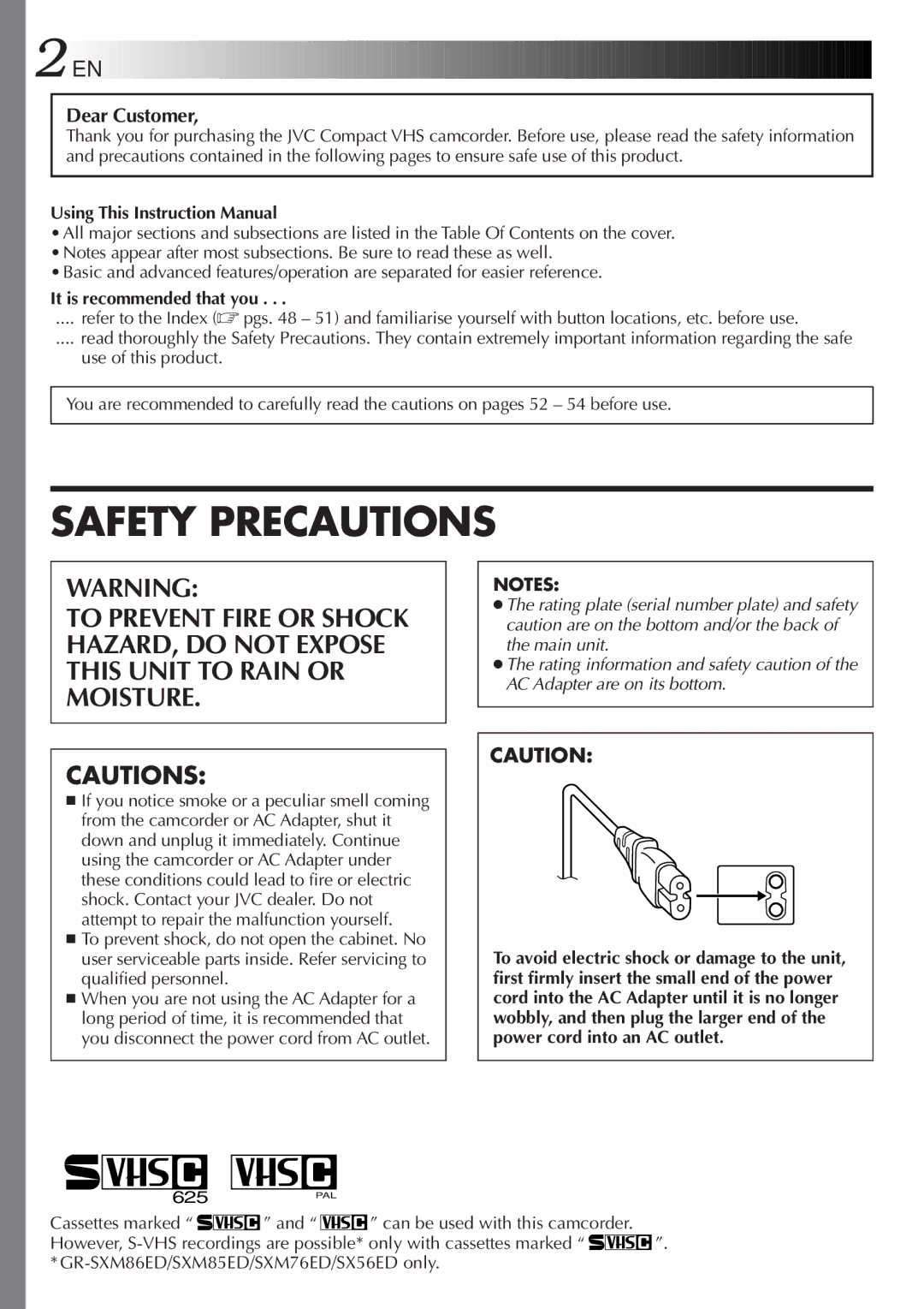 JVC GR-SXM86ED specifications Dear Customer, It is recommended that you 