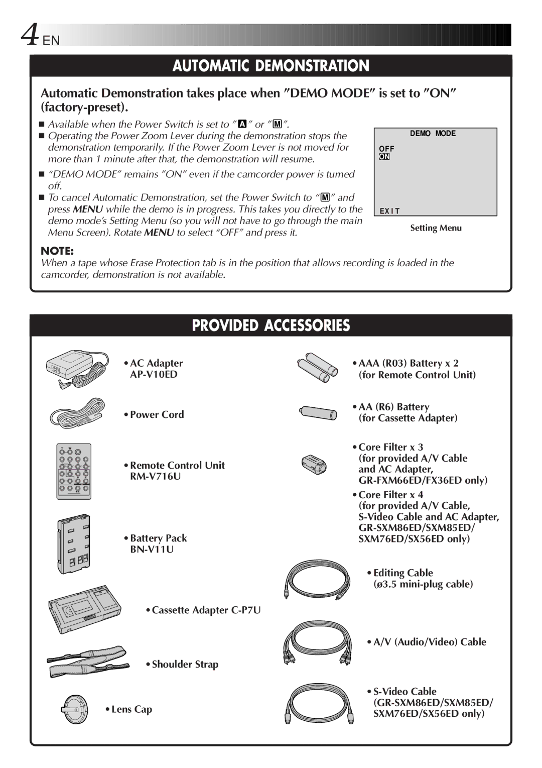 JVC GR-SXM86ED specifications Automatic Demonstration, Power Cord Remote Control Unit RM-V716U Battery Pack 