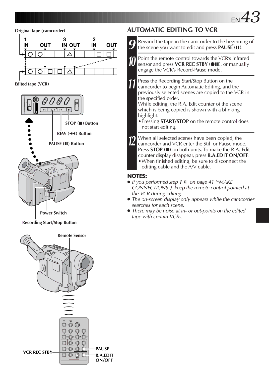 JVC GR-SXM86ED specifications OUT 9 the scene you want to edit and press Pause, Editing cable and the A/V cable 