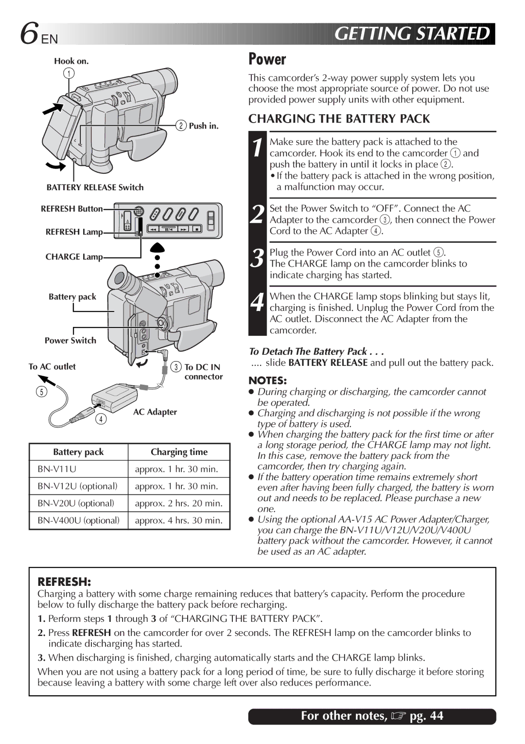 JVC GR-SXM86ED specifications Charging the Battery Pack, Power, To Detach The Battery Pack 