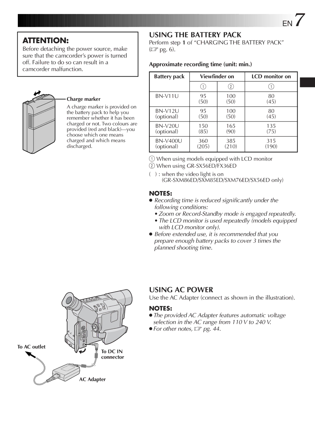 JVC GR-SXM86ED specifications EN7, Using the Battery Pack, Using AC Power, Approximate recording time unit min 