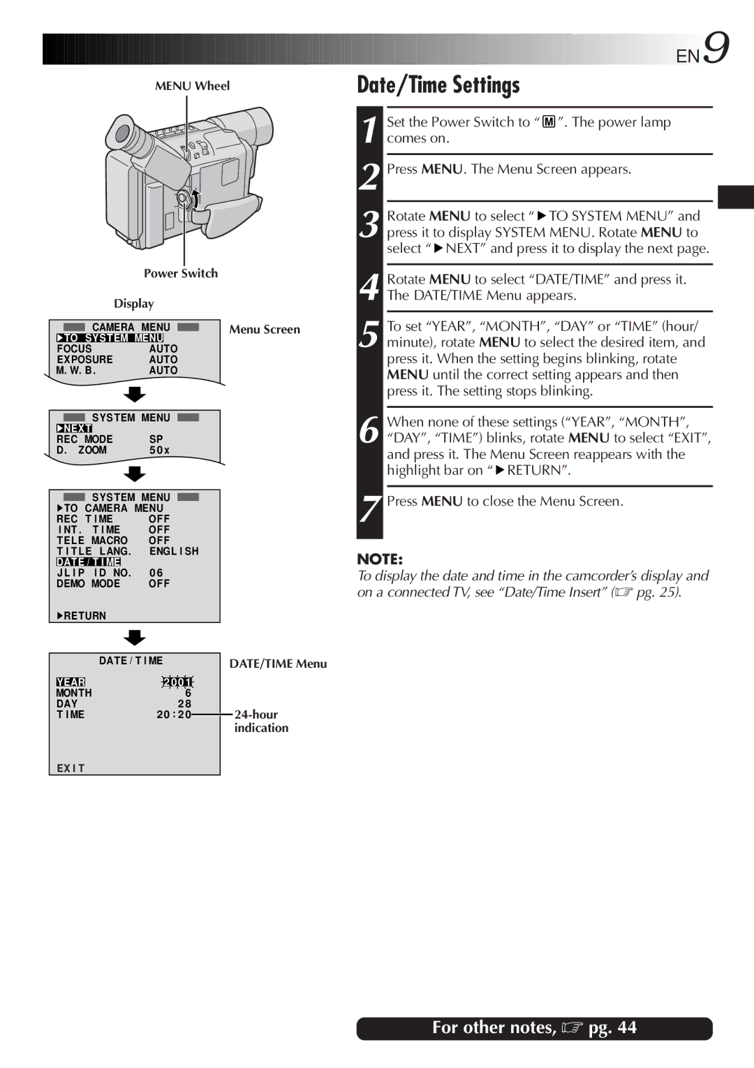 JVC GR-SXM86ED specifications Date/Time Settings, Power lamp, Comes on, Rotate Menu to select 