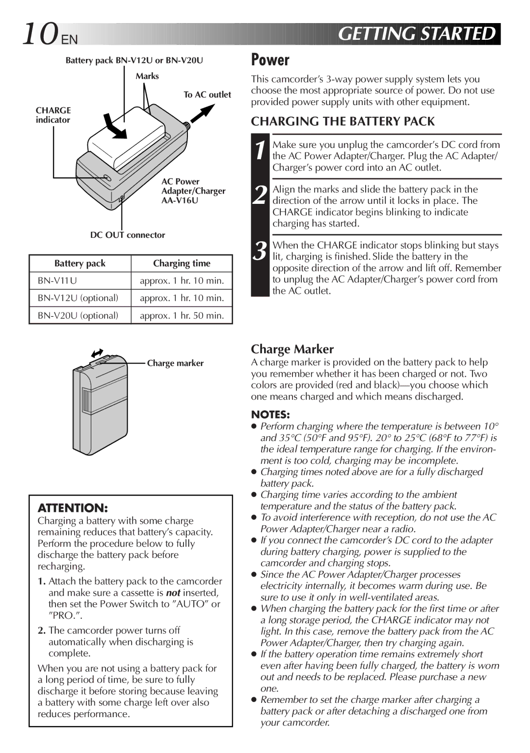 JVC GR-SXM920 specifications 10 EN, Power, Charging the Battery Pack, Charge Marker 