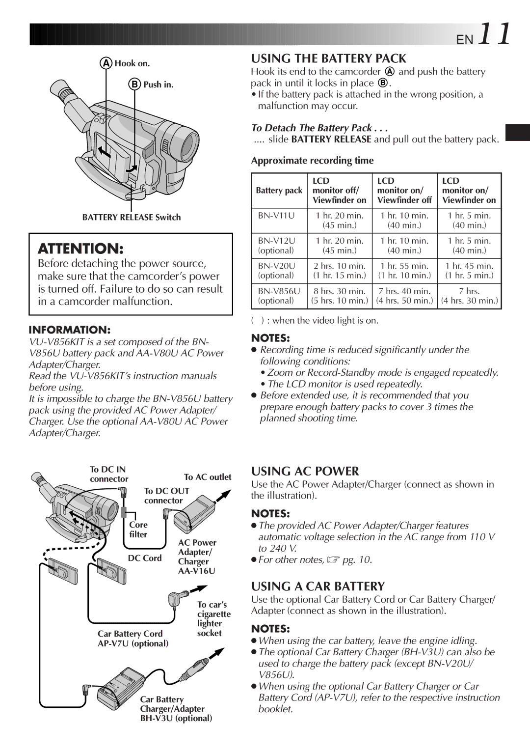 JVC GR-SXM920 specifications EN11, Using the Battery Pack, Using AC Power, Using a CAR Battery, To Detach The Battery Pack 