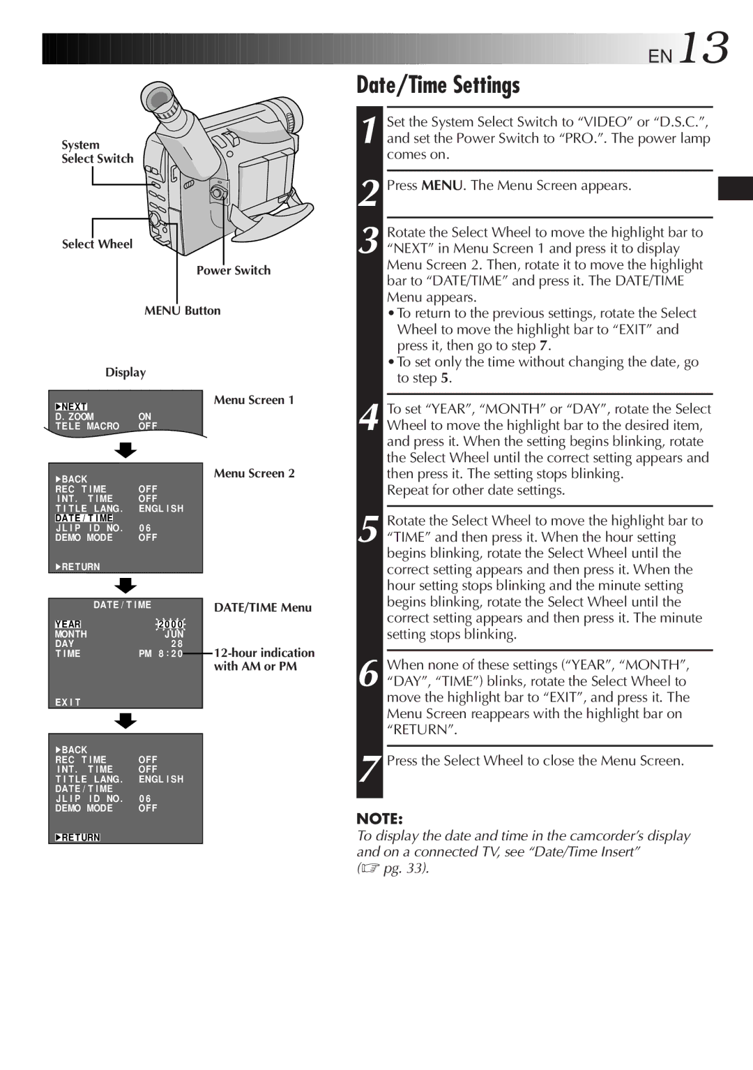 JVC GR-SXM920 specifications Date/Time Settings, EN13, To set YEAR, Month or DAY, rotate the Select 