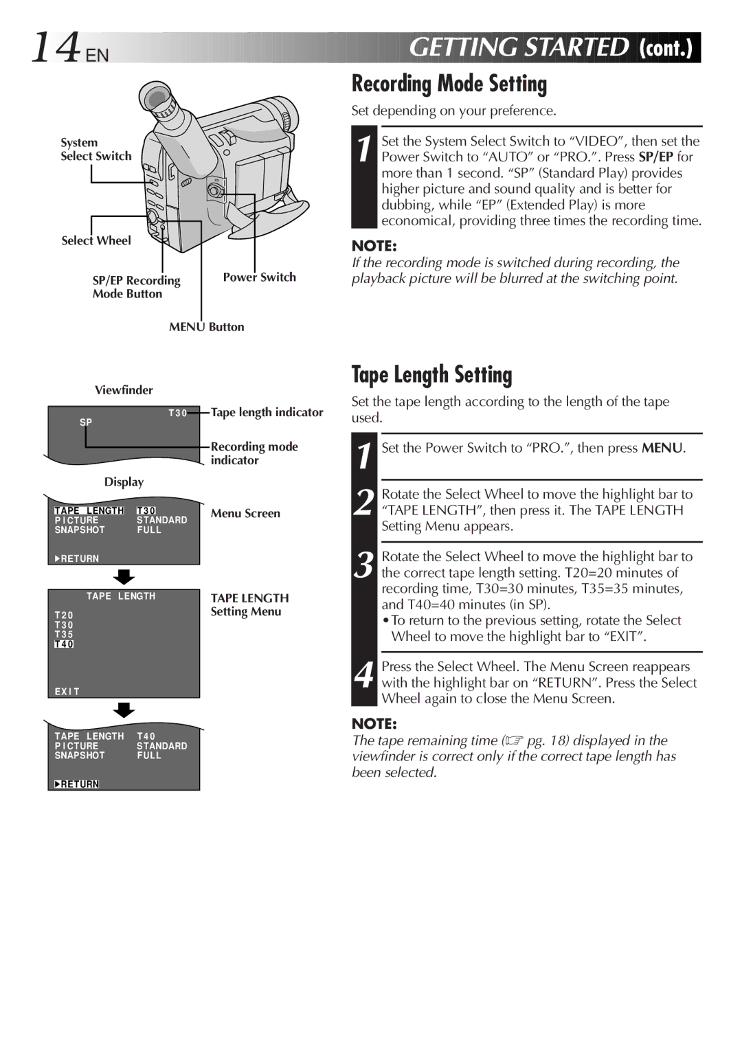 JVC GR-SXM920 specifications EN Getting Started, Recording Mode Setting, Set depending on your preference 