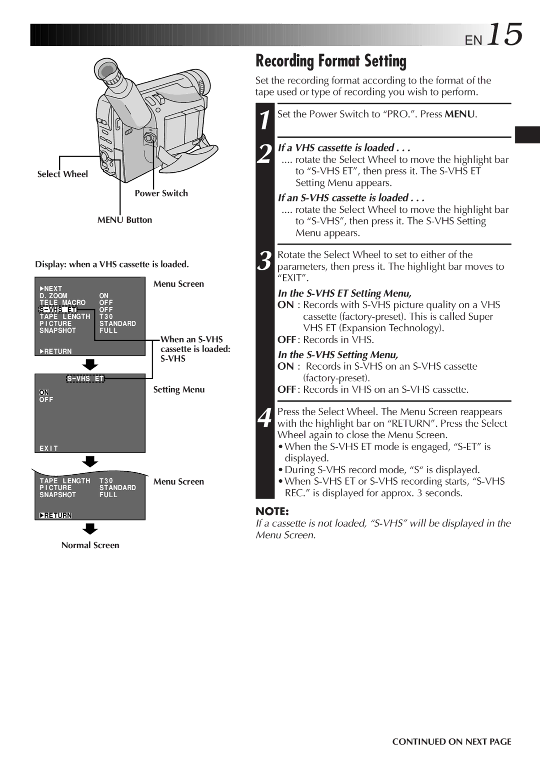 JVC GR-SXM920 specifications Recording Format Setting, EN15 