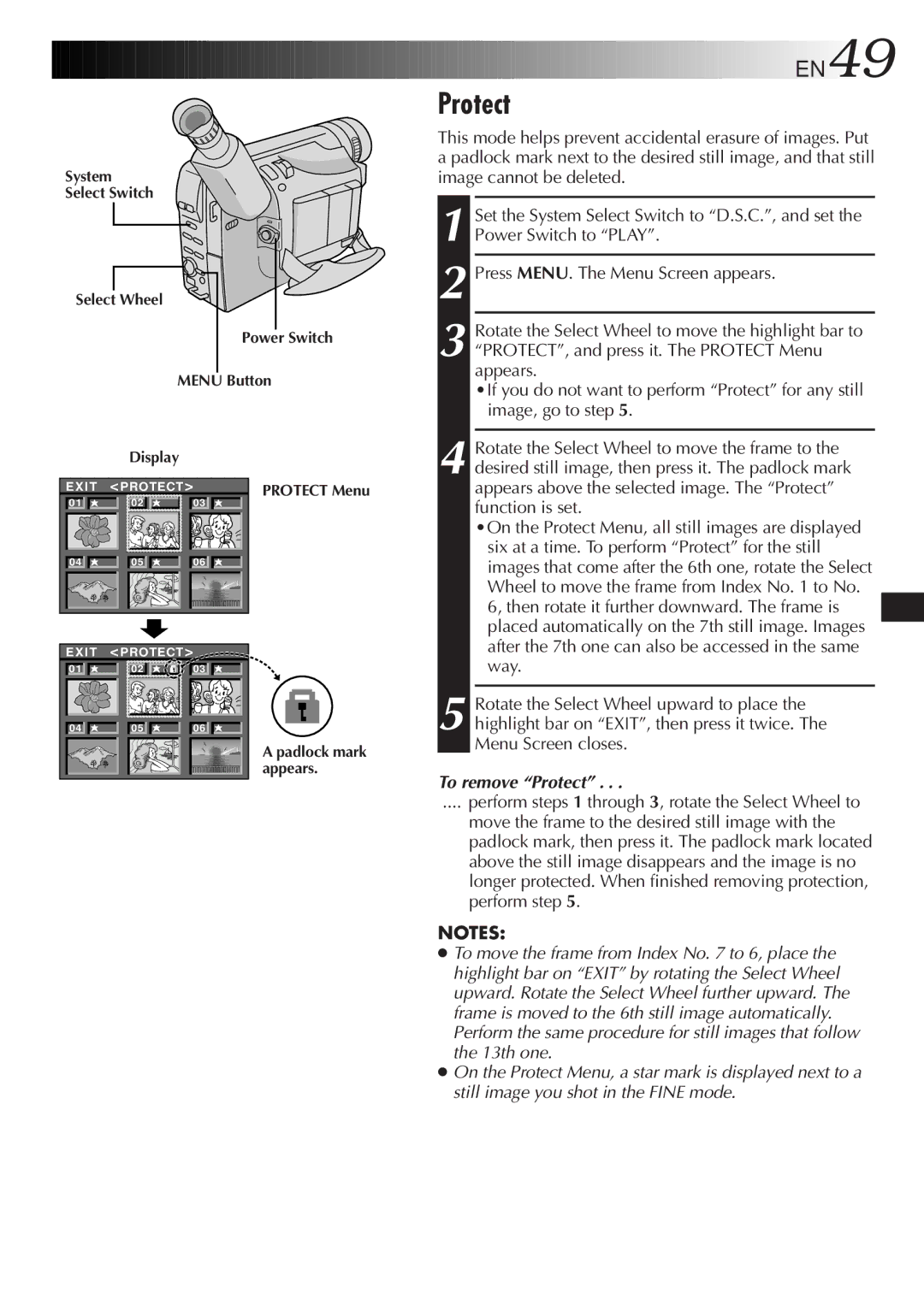 JVC GR-SXM920 specifications EN49, To remove Protect 