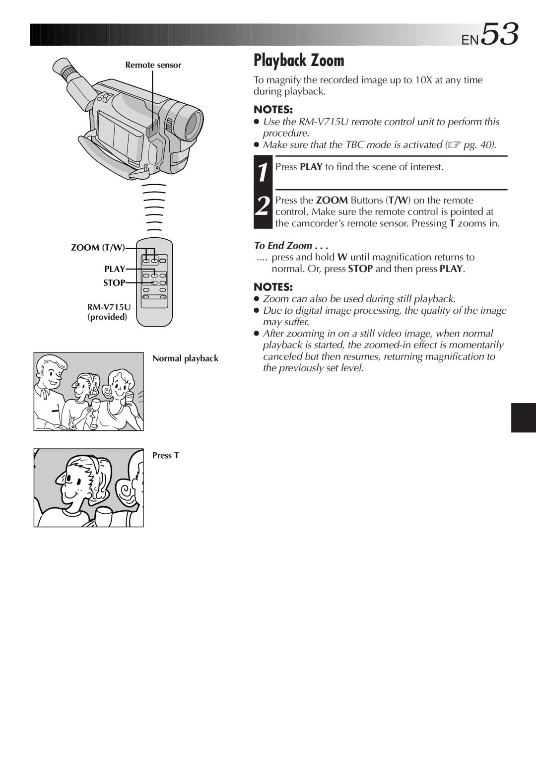 JVC GR-SXM920 specifications Playback Zoom, EN53, Press Play to find the scene of interest, To End Zoom 