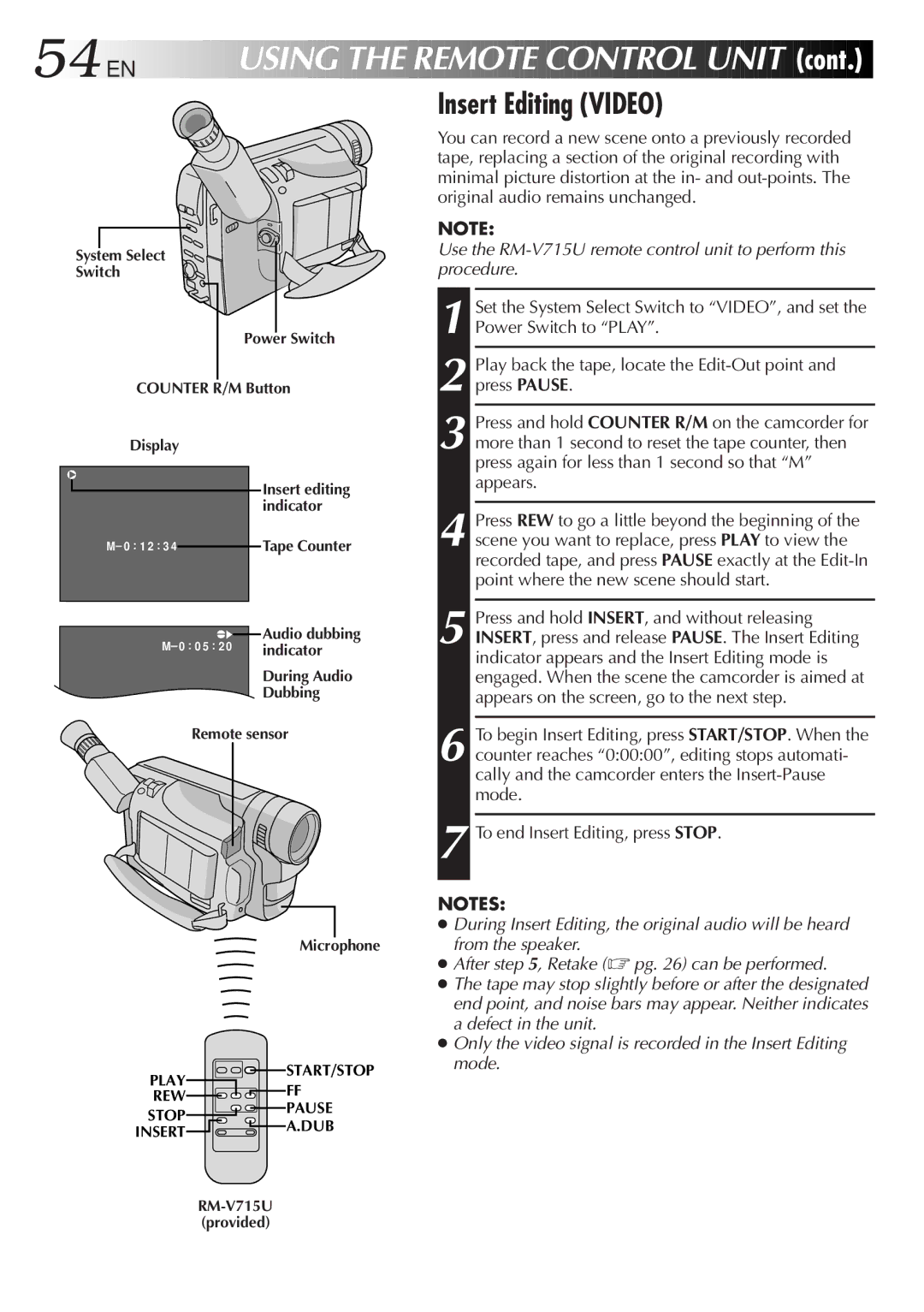 JVC GR-SXM920 specifications 54 EN, Insert Editing Video 