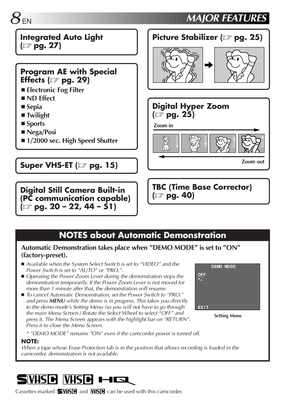 JVC GR-SXM920 specifications EN Major Features, Zoom Zoom out, Cassettes marked and can be used with this camcorder 