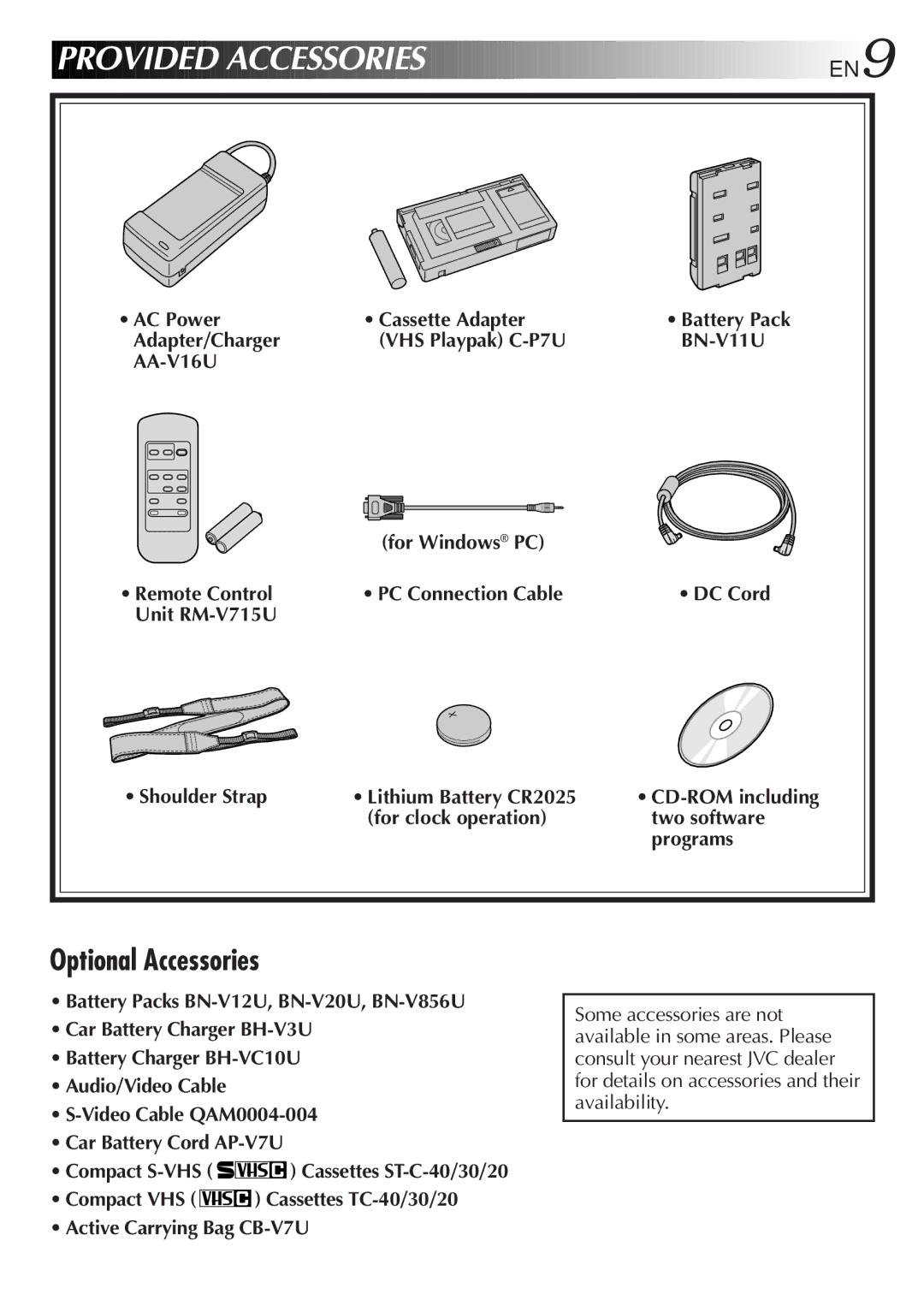 JVC GR-SXM920 specifications Provided Accessories, Optional Accessories, EN9 