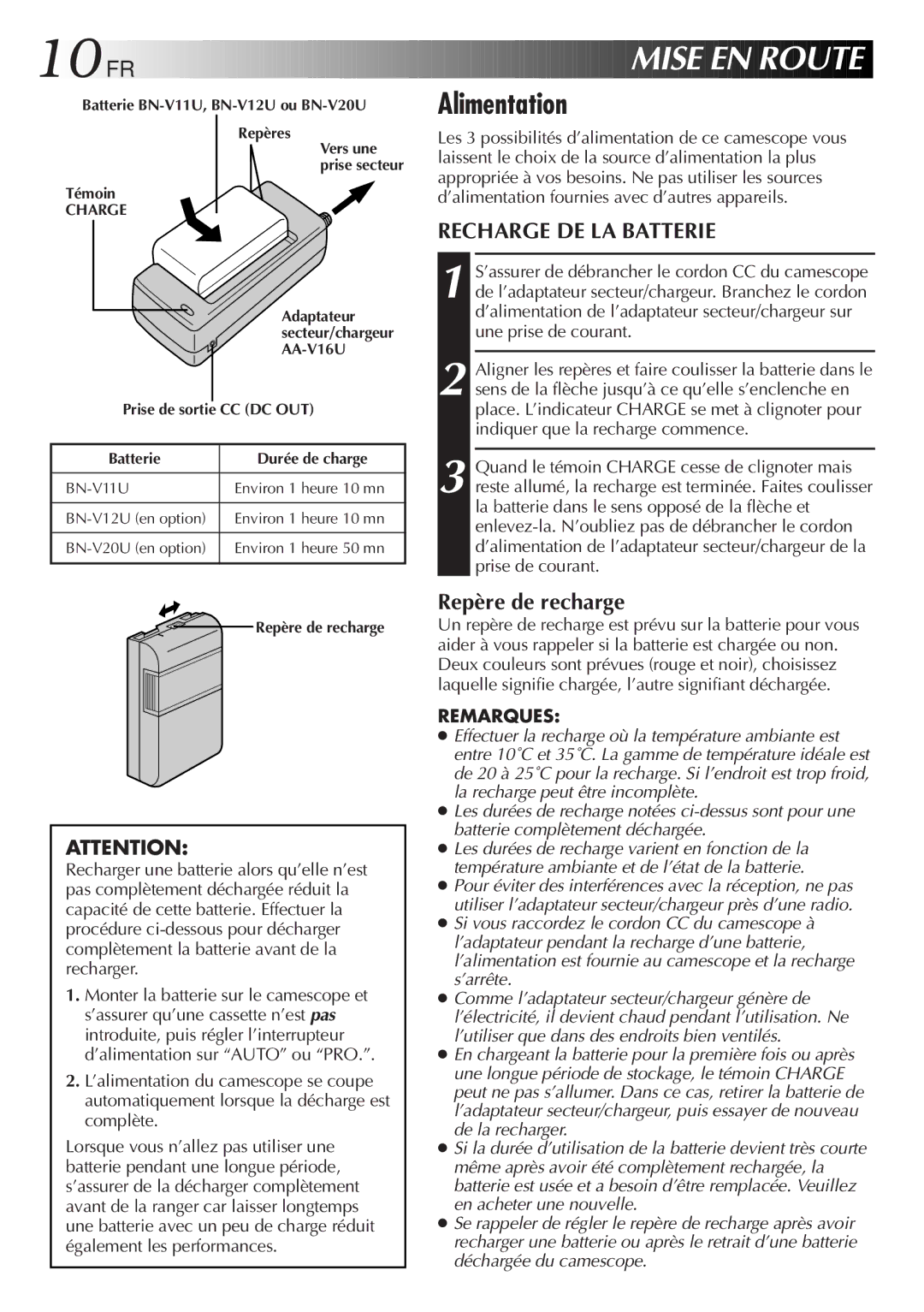 JVC GR-SXM920 manual 10 FR, Alimentation, Recharge DE LA Batterie 