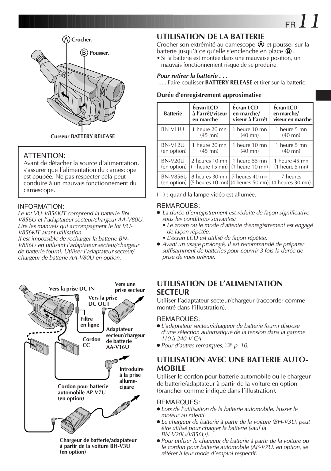 JVC GR-SXM920 manual FR11, Utilisation DE LA Batterie, Utilisation DE L’ALIMENTATION Secteur, Pour retirer la batterie 