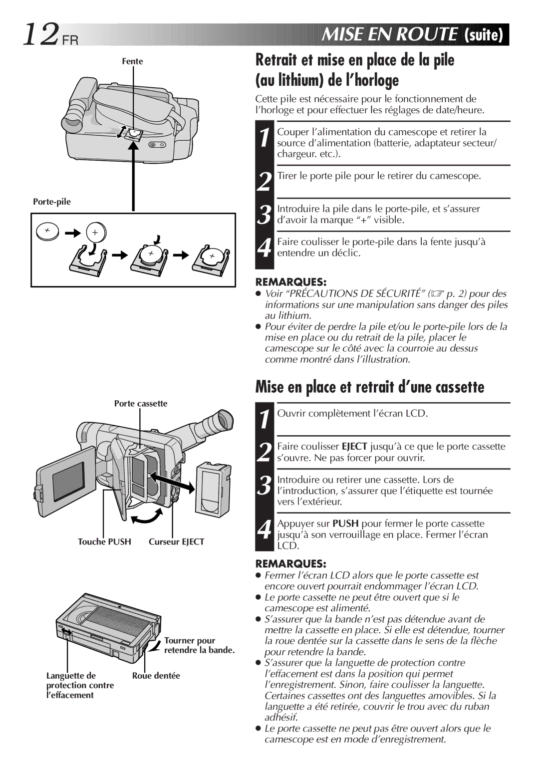 JVC GR-SXM920 manual 12 FR, Mise EN Route suite, Au lithium de l’horloge 