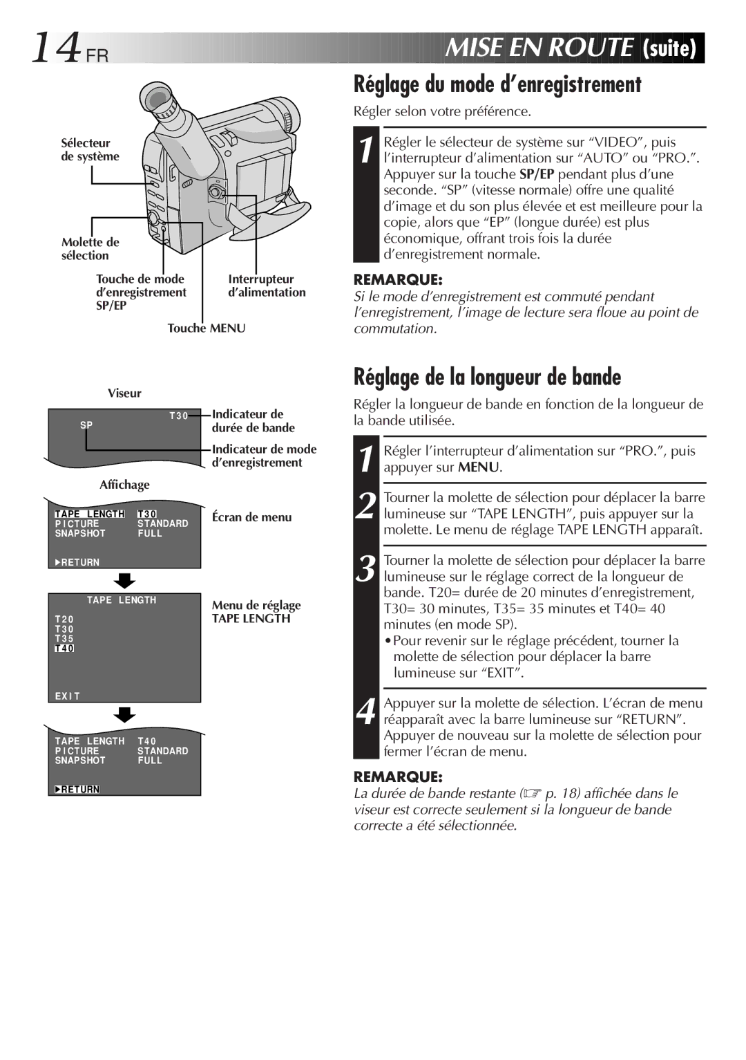 JVC GR-SXM920 manual 14 FR, Réglage du mode d’enregistrement, Réglage de la longueur de bande, Viseur Indicateur de 