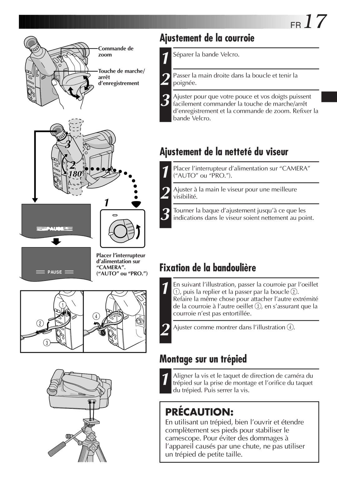 JVC GR-SXM920 manual Ajustement de la courroie, Ajustement de la netteté du viseur, Fixation de la bandoulière, FR17 