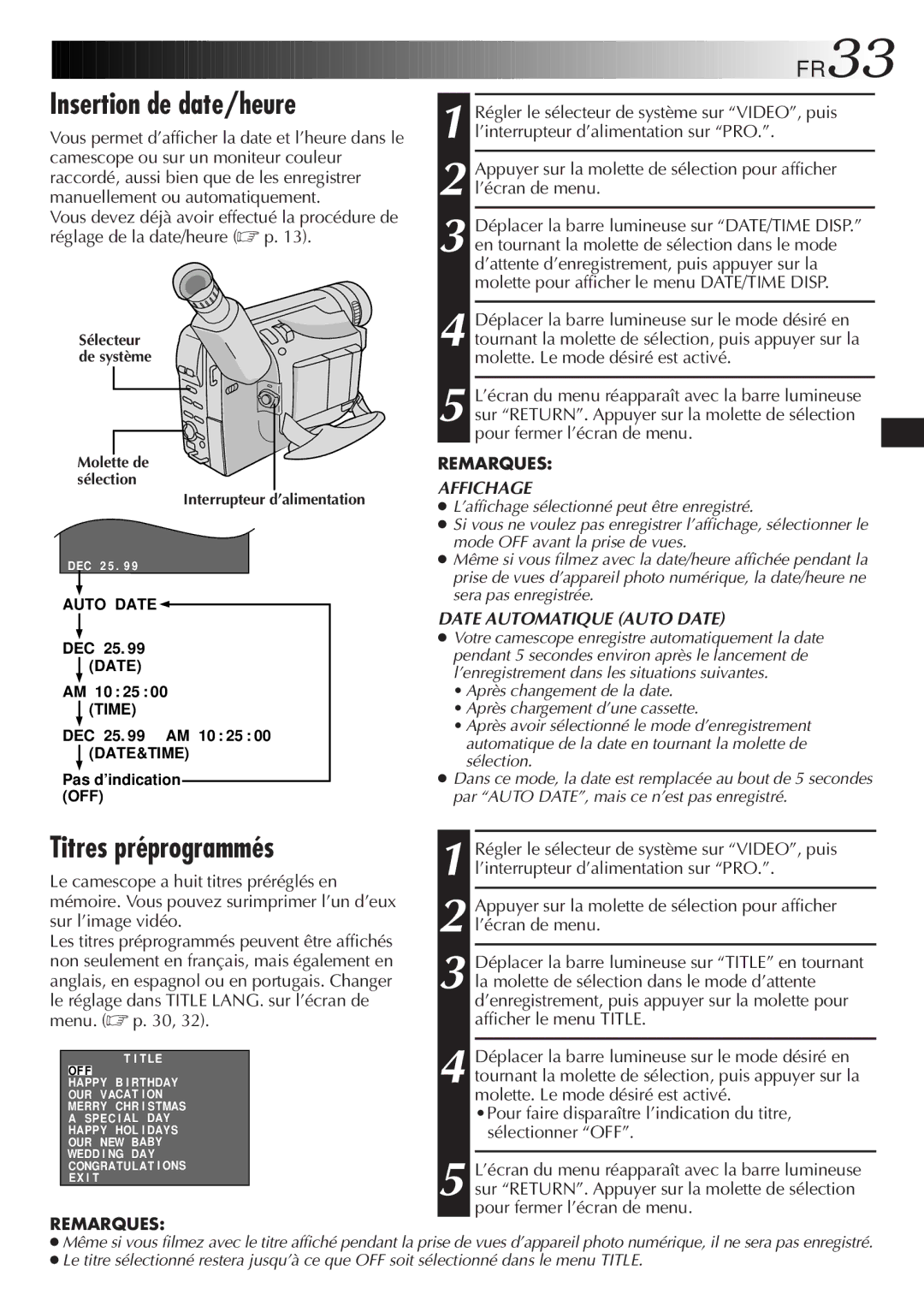 JVC GR-SXM920 manual Insertion de date/heure, Titres préprogrammés, FR33, Molette de sélection Interrupteur d’alimentation 