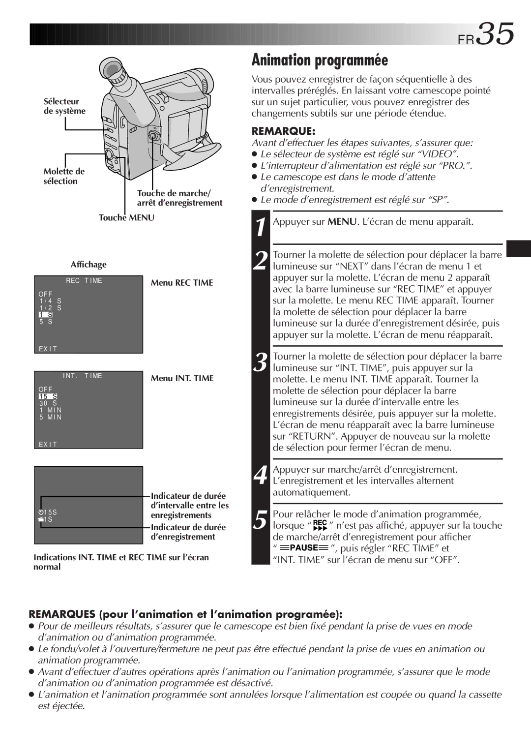 JVC GR-SXM920 manual Animation programmée, FR35, Remarques pour l’animation et l’animation programée, Senregistrements 1 S 