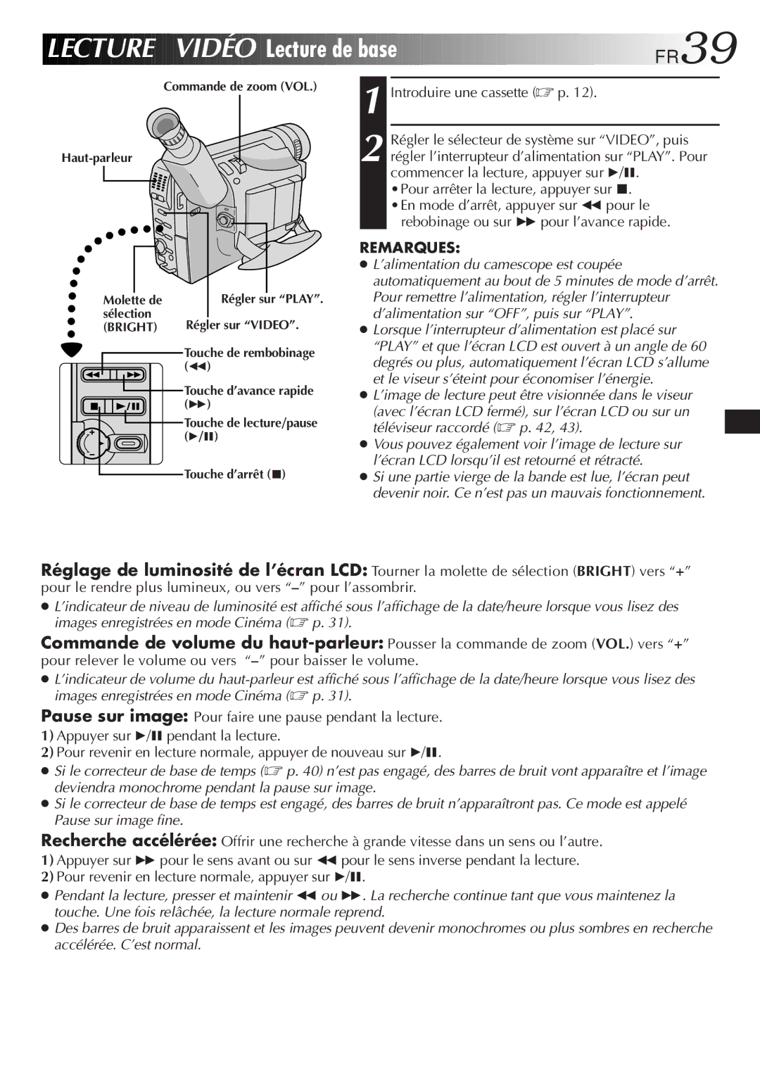 JVC GR-SXM920 manual Lecture Vidéo, Lecture de base, FR39, Introduire une cassette p, Haut-parleur 