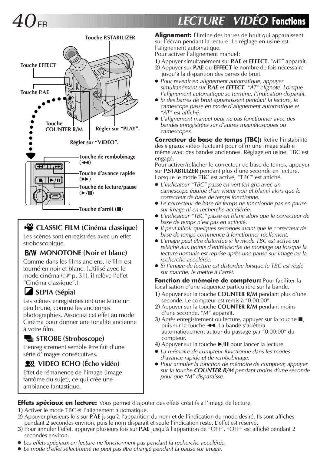 JVC GR-SXM920 manual 40 FR, Lecture Vidéo Fonctions 