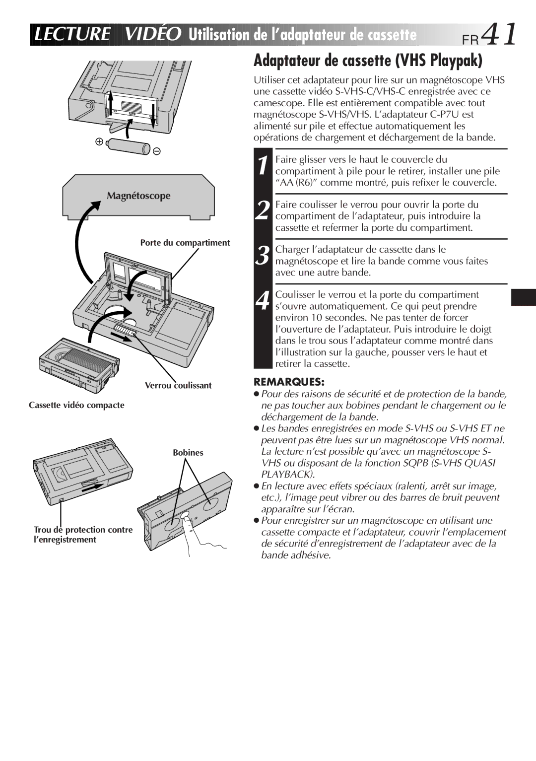 JVC GR-SXM920 manual Utilisation de l’adaptateur de cassette FR41, Magnétoscope 