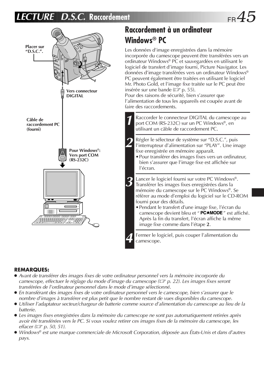 JVC GR-SXM920 manual Lecture D.S.C. Raccordement FR45, Vers connecteur 