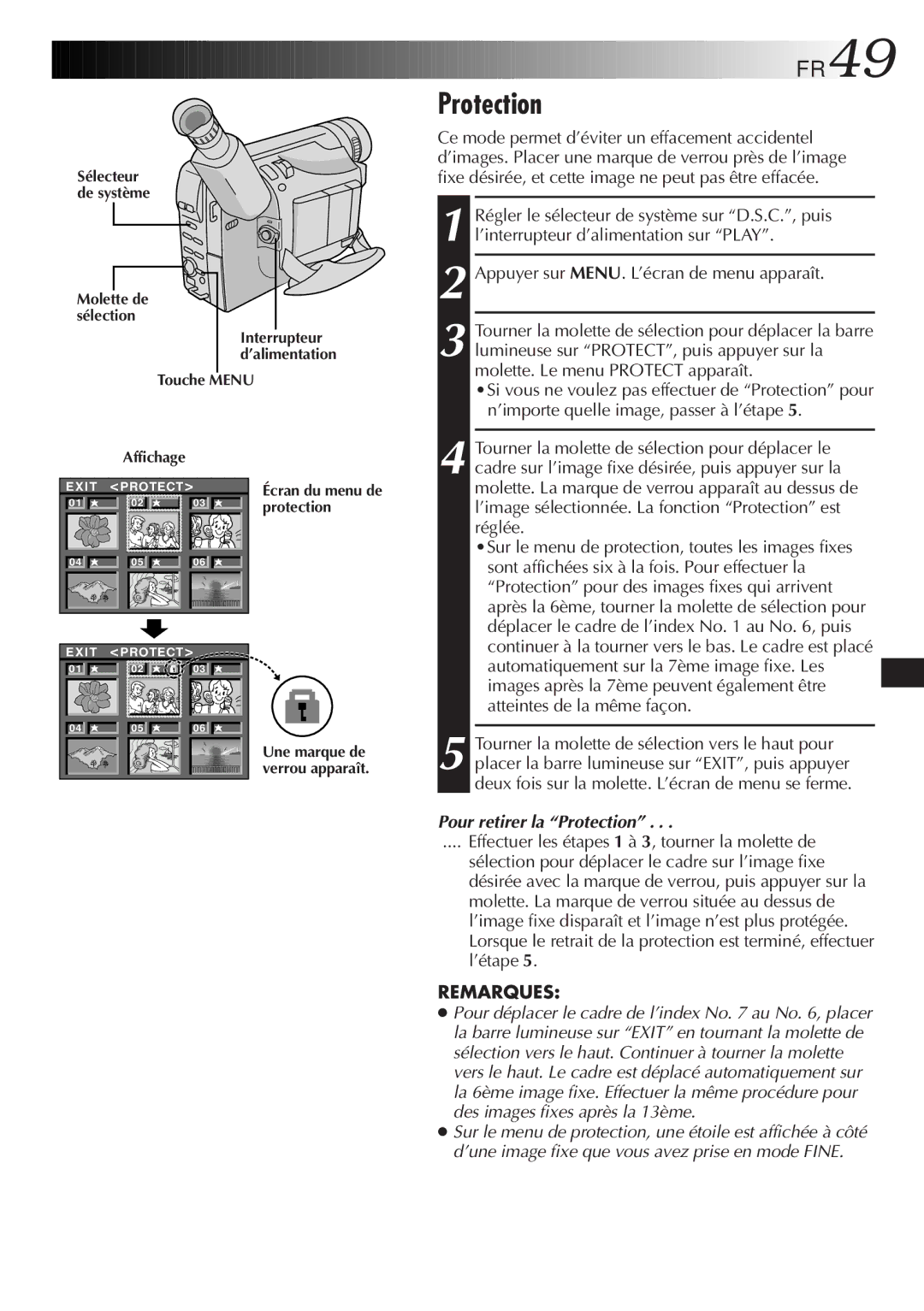 JVC GR-SXM920 manual FR49, Pour retirer la Protection, Écran du menu de protection 