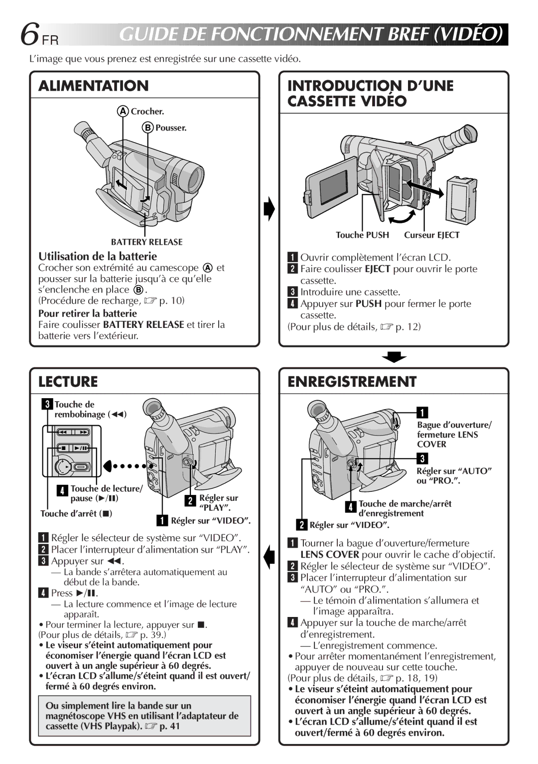 JVC GR-SXM920 manual Guide DE Fonctionnement Bref Vidéo, Utilisation de la batterie, Pour retirer la batterie, Press 4/6 