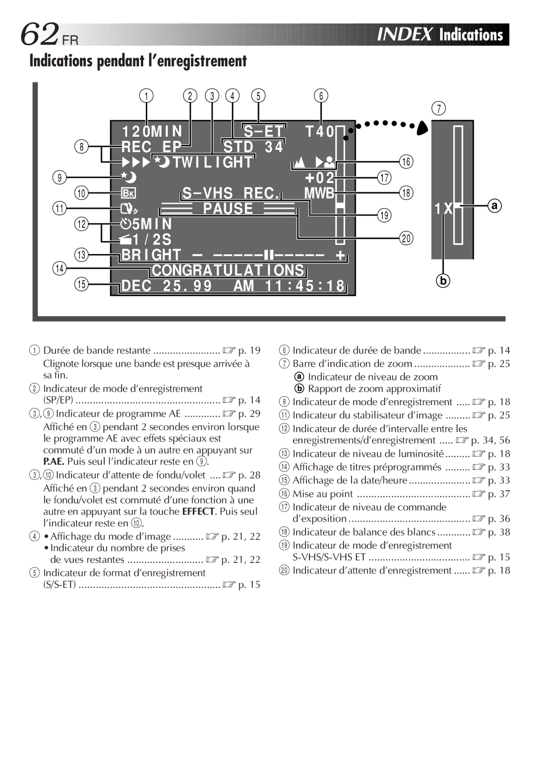 JVC GR-SXM920 manual 62 FR, Index, Indications pendant l’enregistrement 