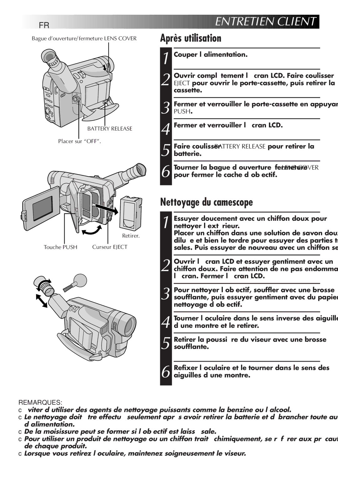 JVC GR-SXM920 manual 64 FR, Après utilisation, Nettoyage du camescope, Placer sur OFF, Touche Push 