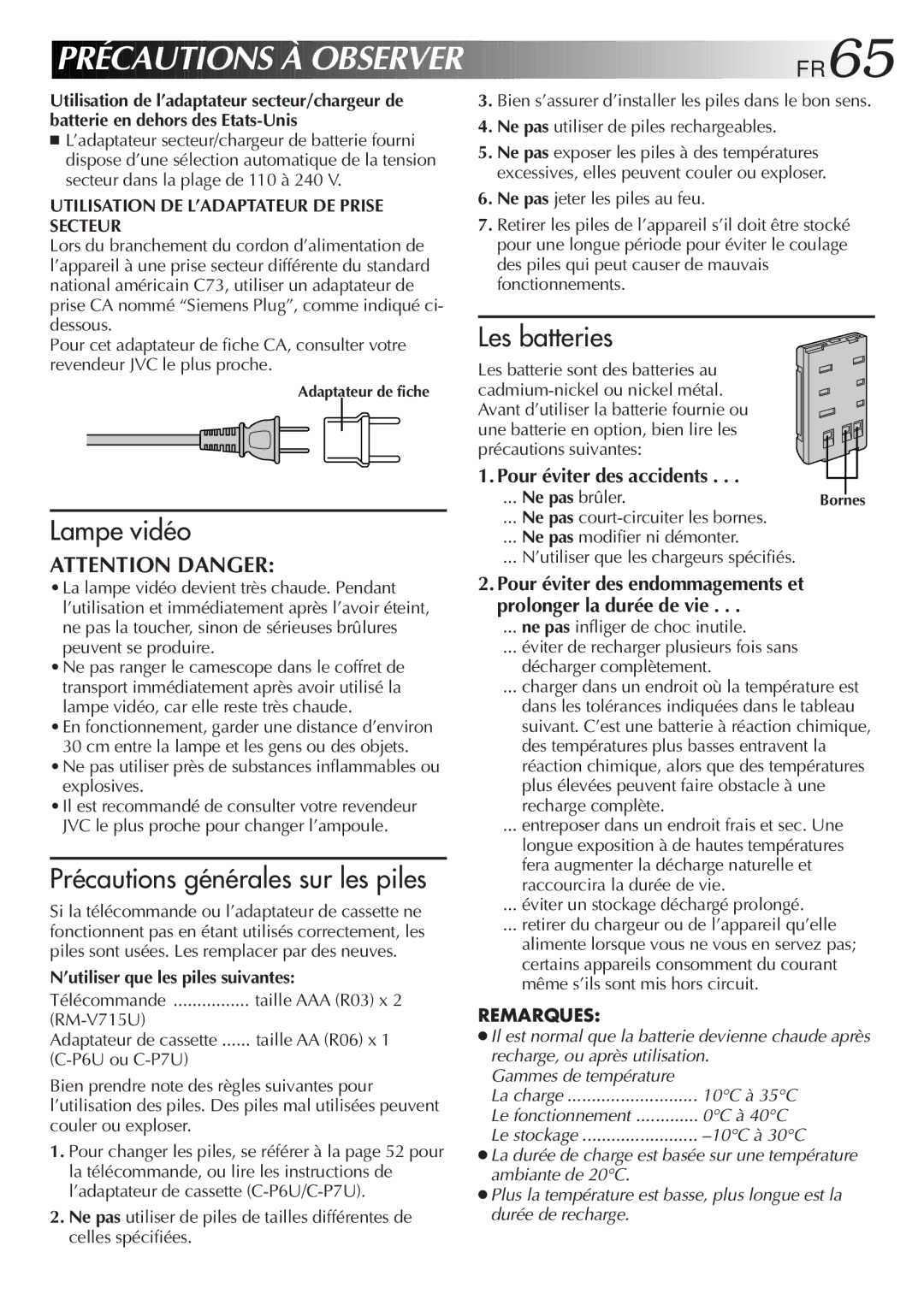 JVC GR-SXM920 manual Précautions À Observer, FR65, Pour éviter des accidents, Utilisation DE L’ADAPTATEUR DE Prise Secteur 