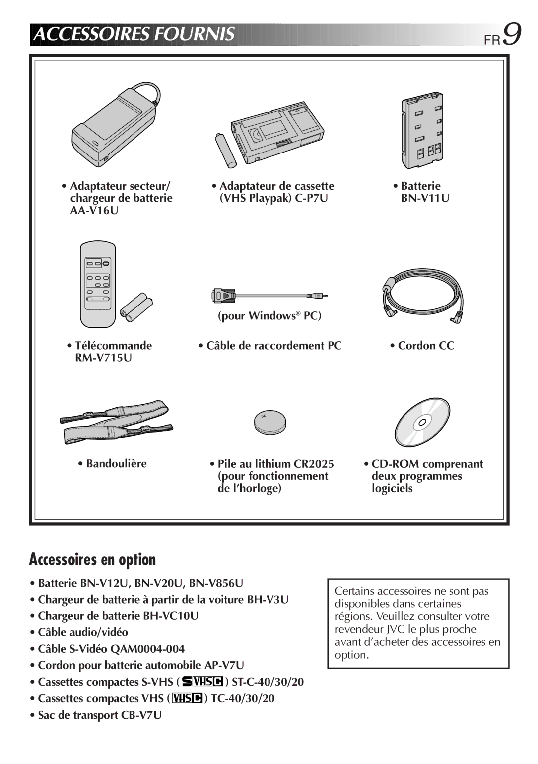 JVC GR-SXM920 manual Accessoires Fournis, Accessoires en option, FR9 