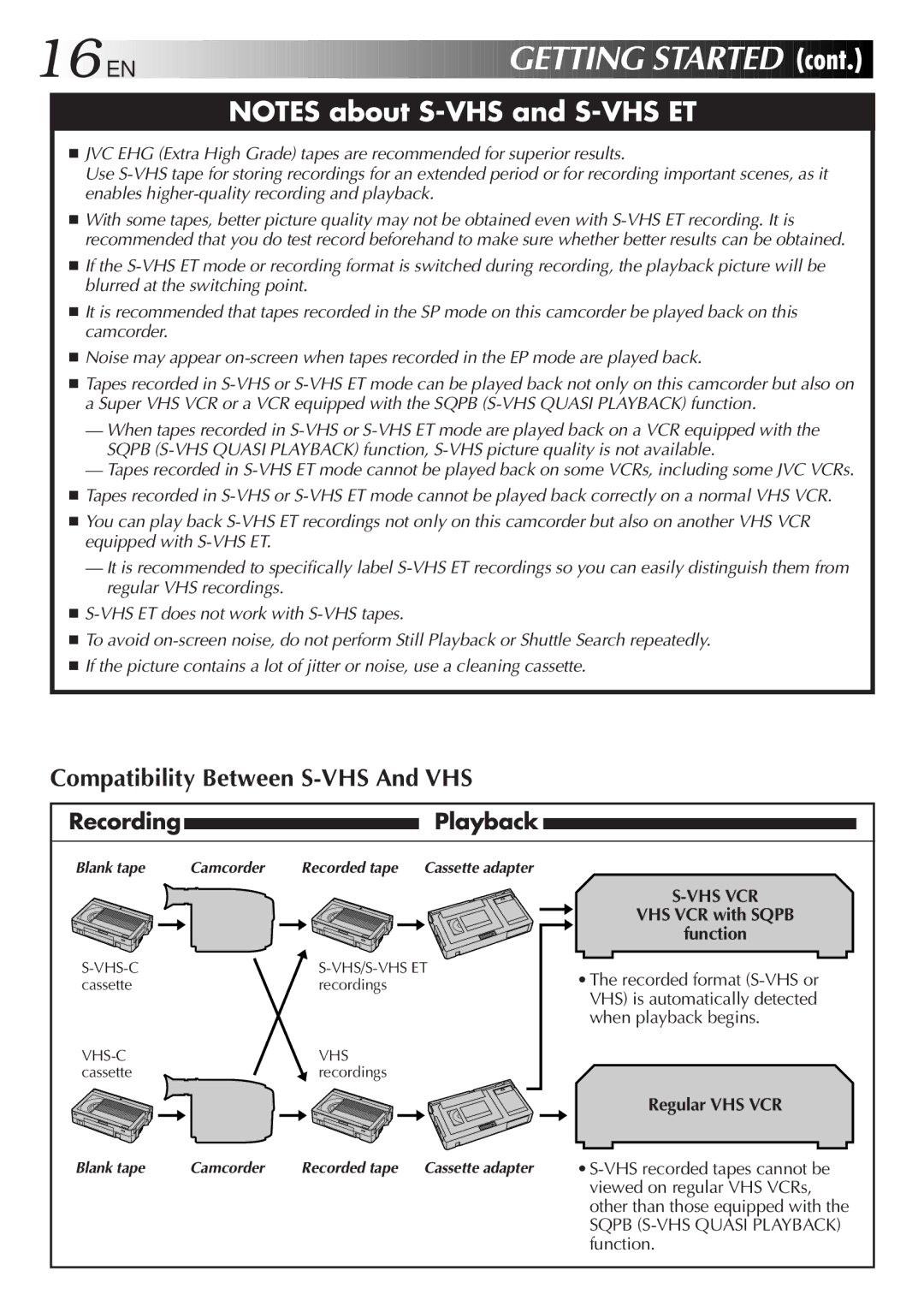 JVC GR-SXM937UM specifications 16 EN, Cont, RecordingPlayback, VHS VCR with Sqpb Function, Regular VHS VCR 