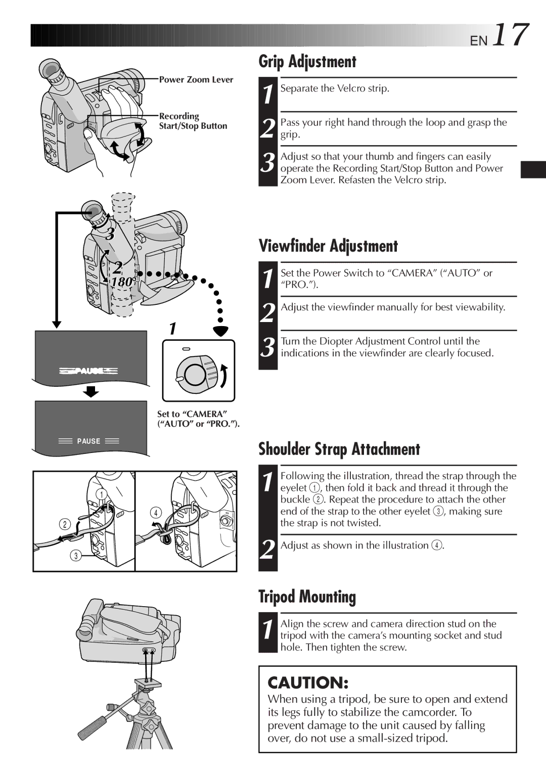 JVC GR-SXM937UM specifications Grip Adjustment, Viewfinder Adjustment, Shoulder Strap Attachment, Tripod Mounting 