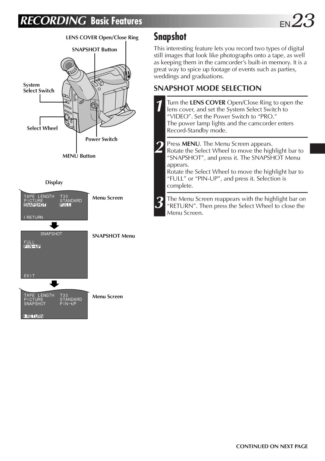 JVC GR-SXM937UM specifications Recording Basic Features, Snapshot Mode Selection 