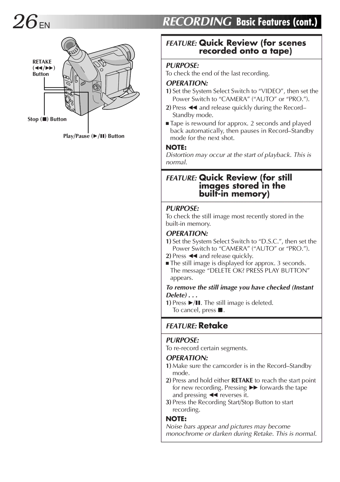 JVC GR-SXM937UM specifications 26 EN, Recording, Feature Quick Review for scenes recorded onto a tape 